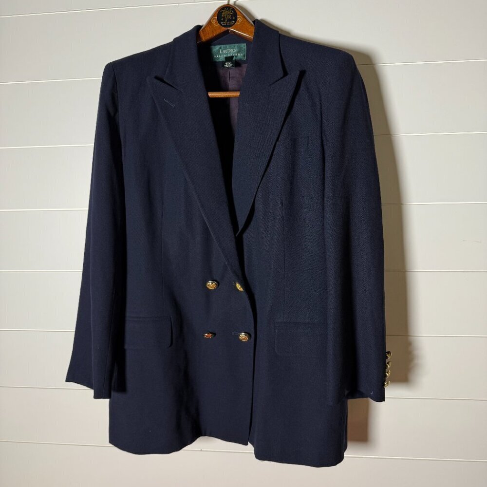 Lauren Ralph Lauren Double Breasted Navy Blazer 100% Worsted Wool Size 10